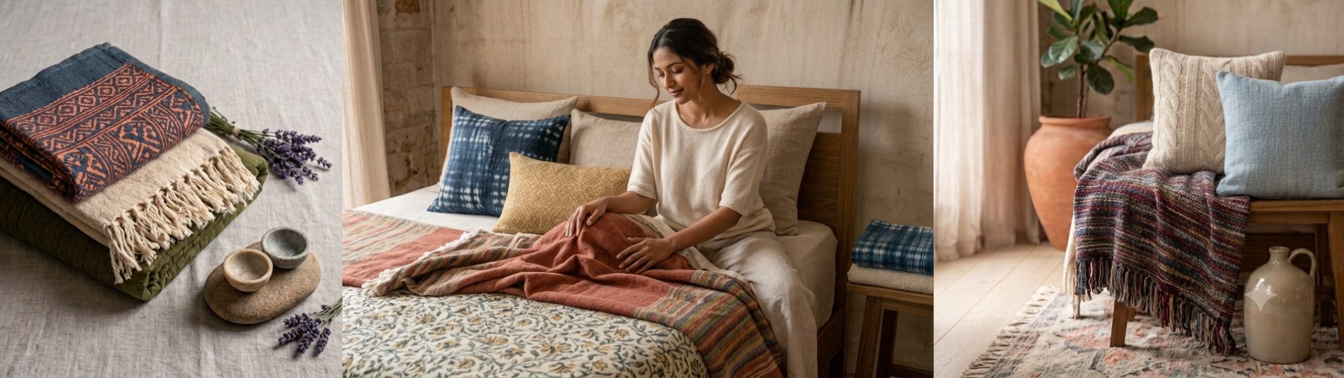 Touch the softness of pure handloom craftsmanship.  Artisanal quilts, runners, and cushions for home