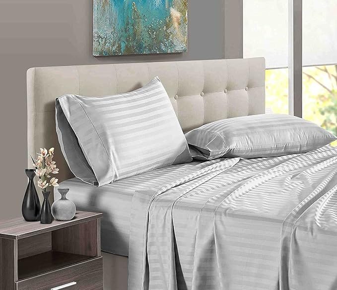 Premium Glace Cotton Satin Striped/Lining, Wrinkle Free Bedsheet with Two Pillow Covers for Double Bed Queen Size